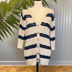 POL Boho Striped Open Knit Cardigan Sweater L Coastal Grandma Festival Layering